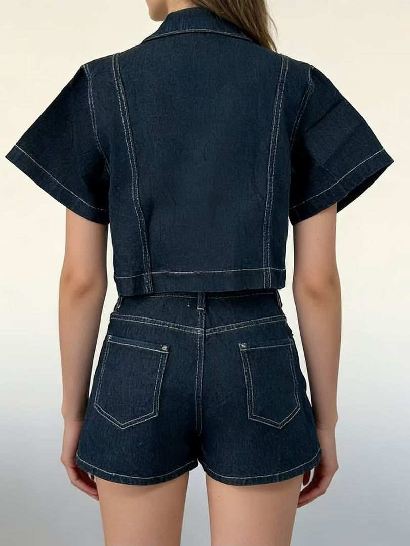 Denim Shirt and Shorts Set Women Relaxed Fit N6D168