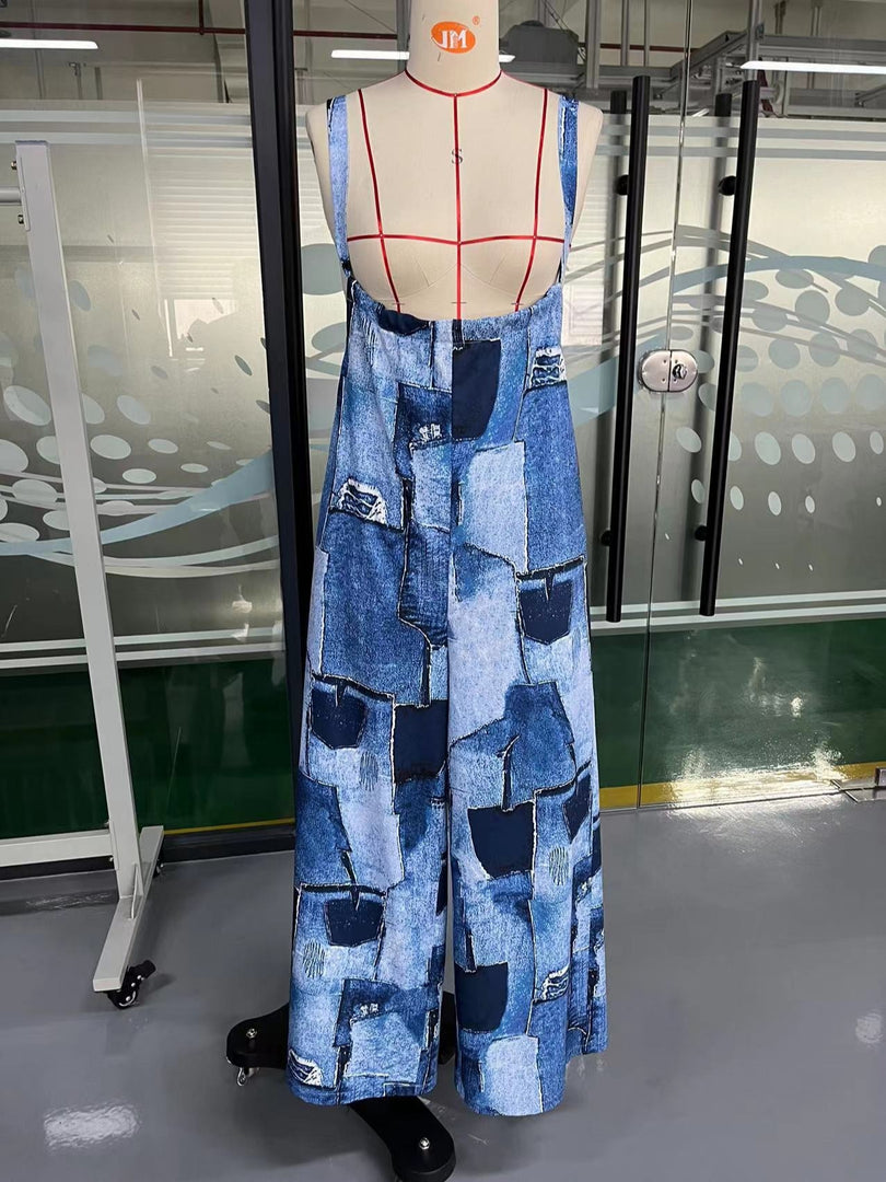 Irregular Patchwork Print Wide Leg Jumpsuit Women N6D096
