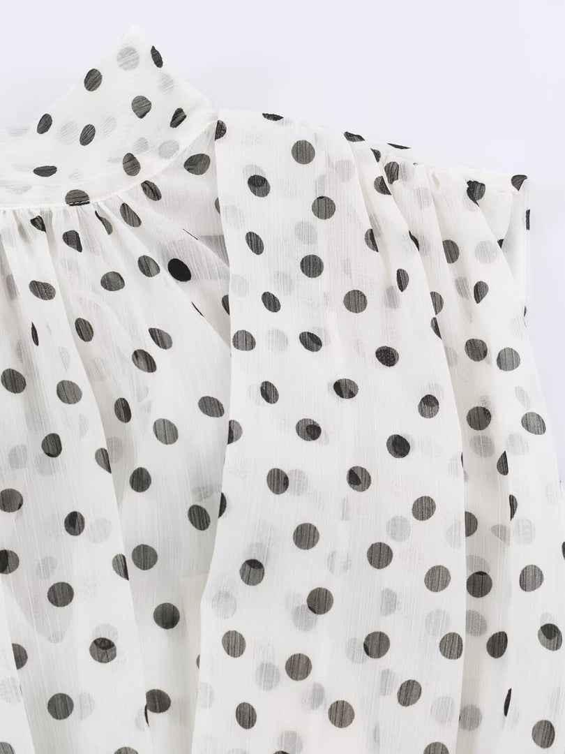 Chiffon Pleated Polka Dot Blouse Stand Collar N6F199