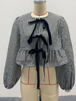 Load image into Gallery viewer, Gingham Bow Tie Open Front Blouse Women N6D133
