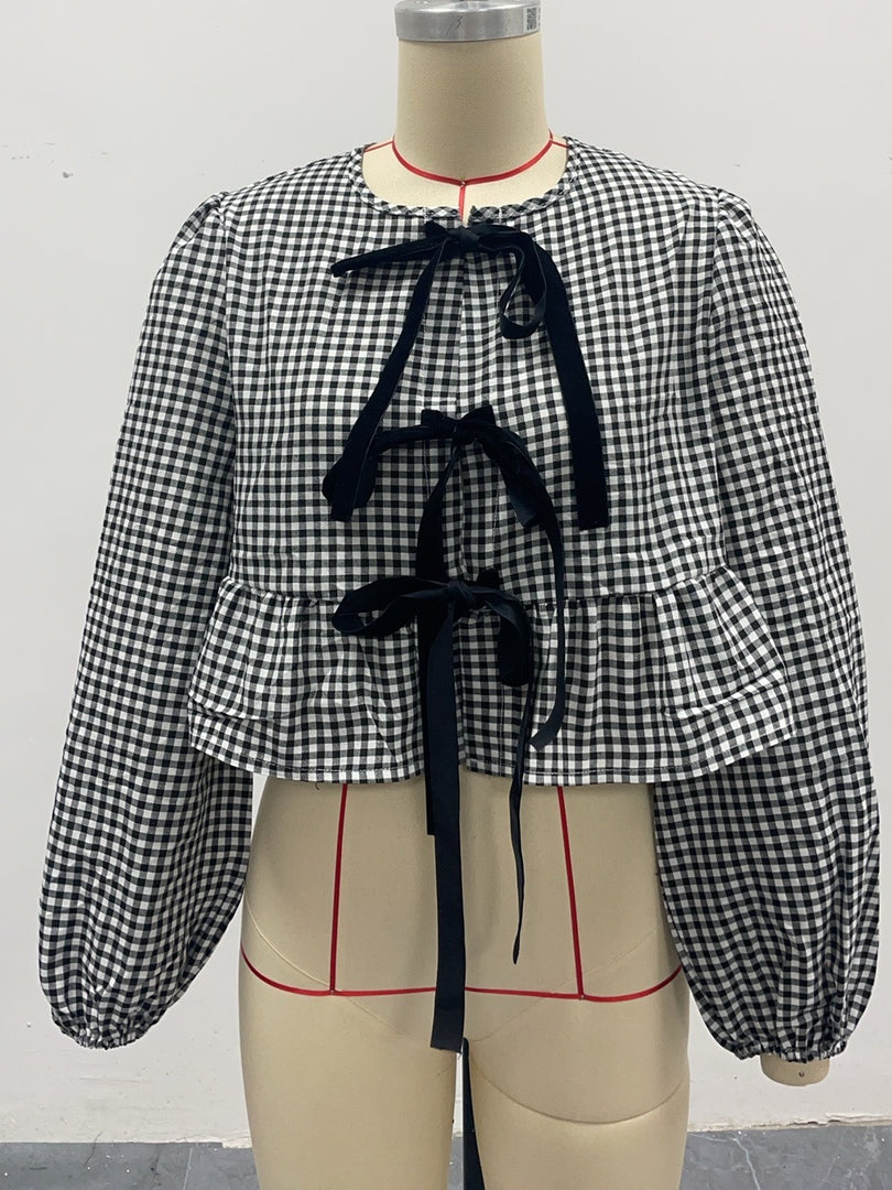 Gingham Bow Tie Open Front Blouse Women N6D133
