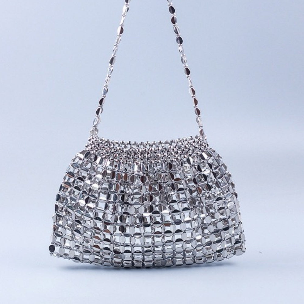 Handwoven Silver Gold Bead Large Hobo Shoulder Bag N6E021
