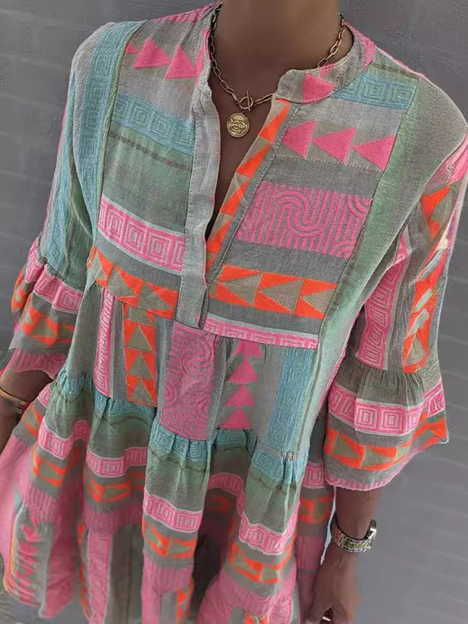 Printed V-Neck 3/4 Sleeve Dress Women N6D069