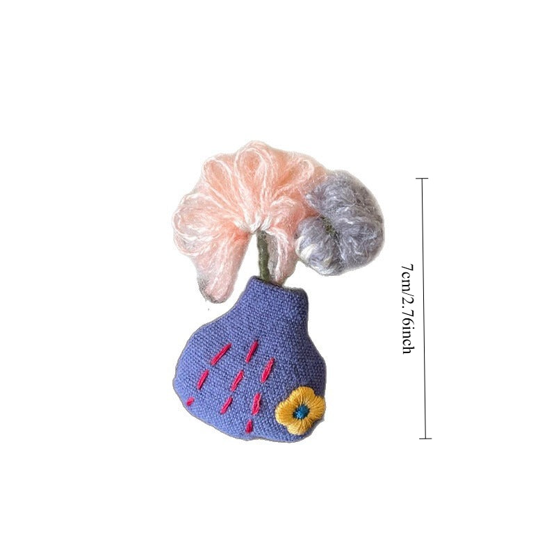 Womens Embroidered Floral Vase Fabric Brooch N6K318