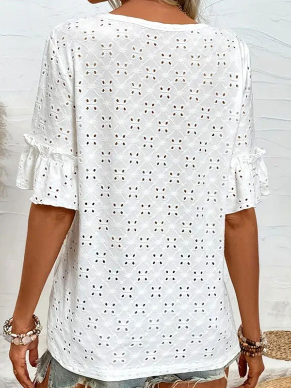 Knit Embroidered Cutout V-Neck Ruffle Top N6F194