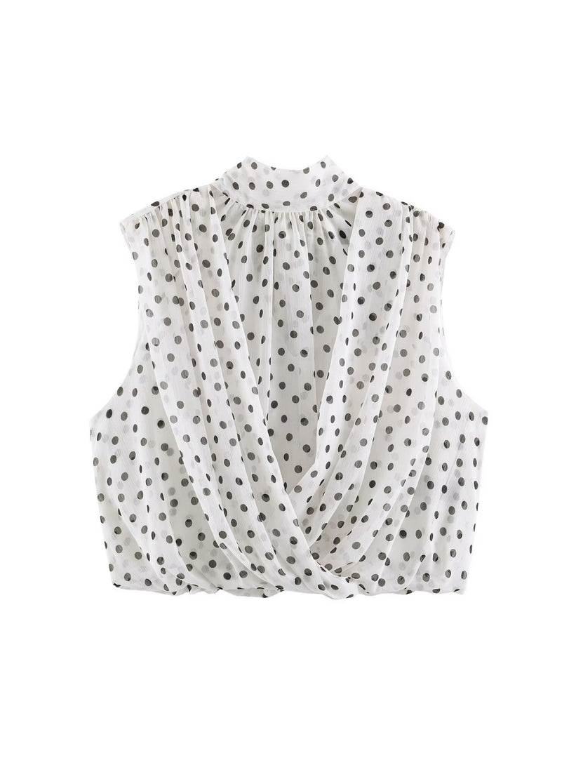 Chiffon Pleated Polka Dot Blouse Stand Collar N6F199