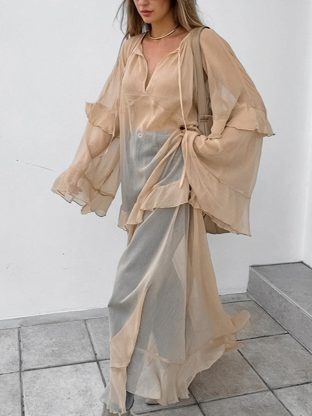 Sheer Sexy Chiffon Batwing Sleeve Maxi Dress Women N6D114