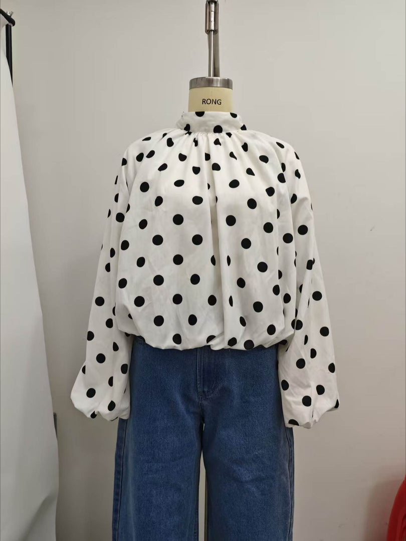 Simple Polka Dot Back Slit Blouse Women N6E145