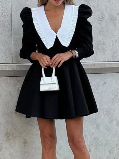 French Peter Pan Collar Black White Short Dress  N6C209