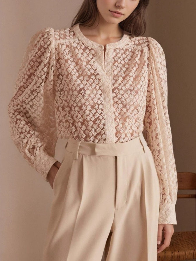 Elegant Floral Lace Blouse Women Round Neck N6C092