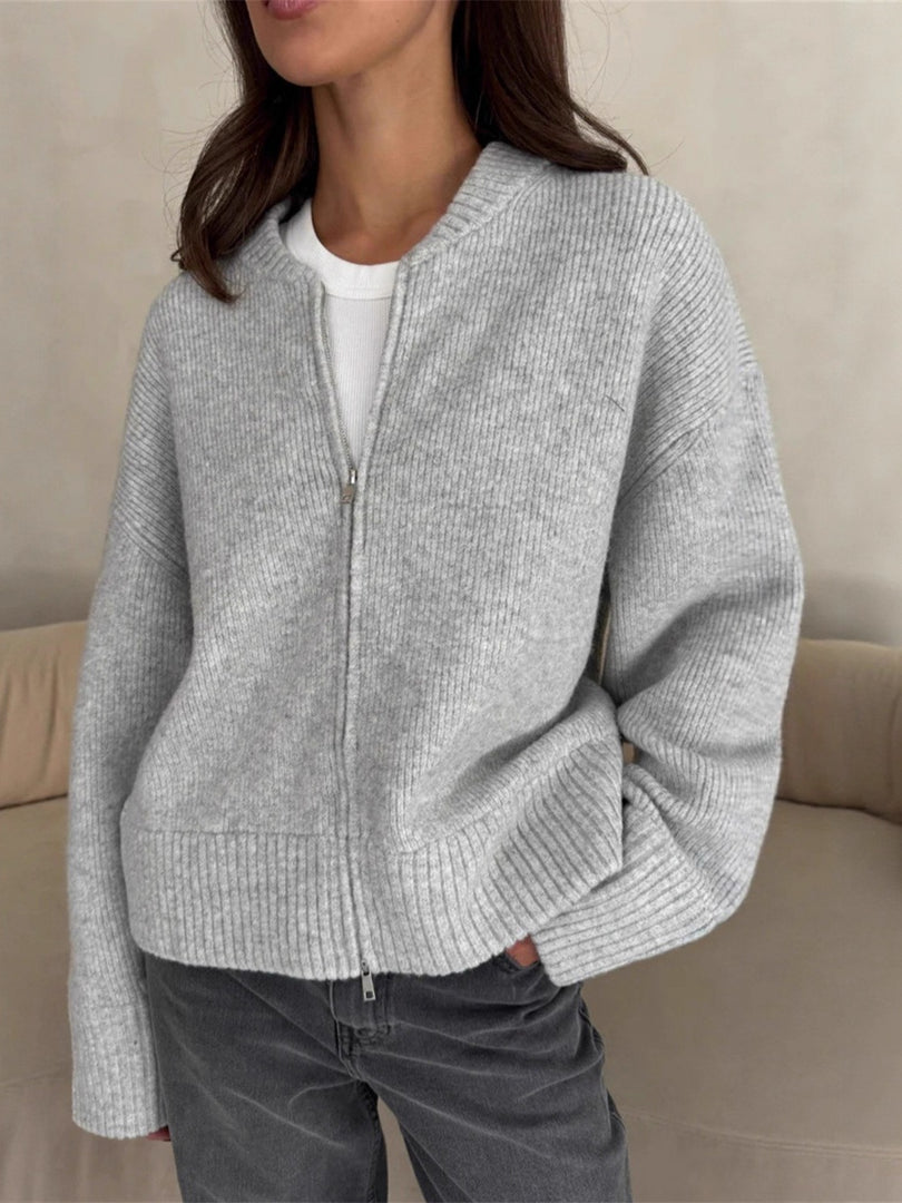 Simple Double Zip Round Neck Knit Cardigan Women N6G259
