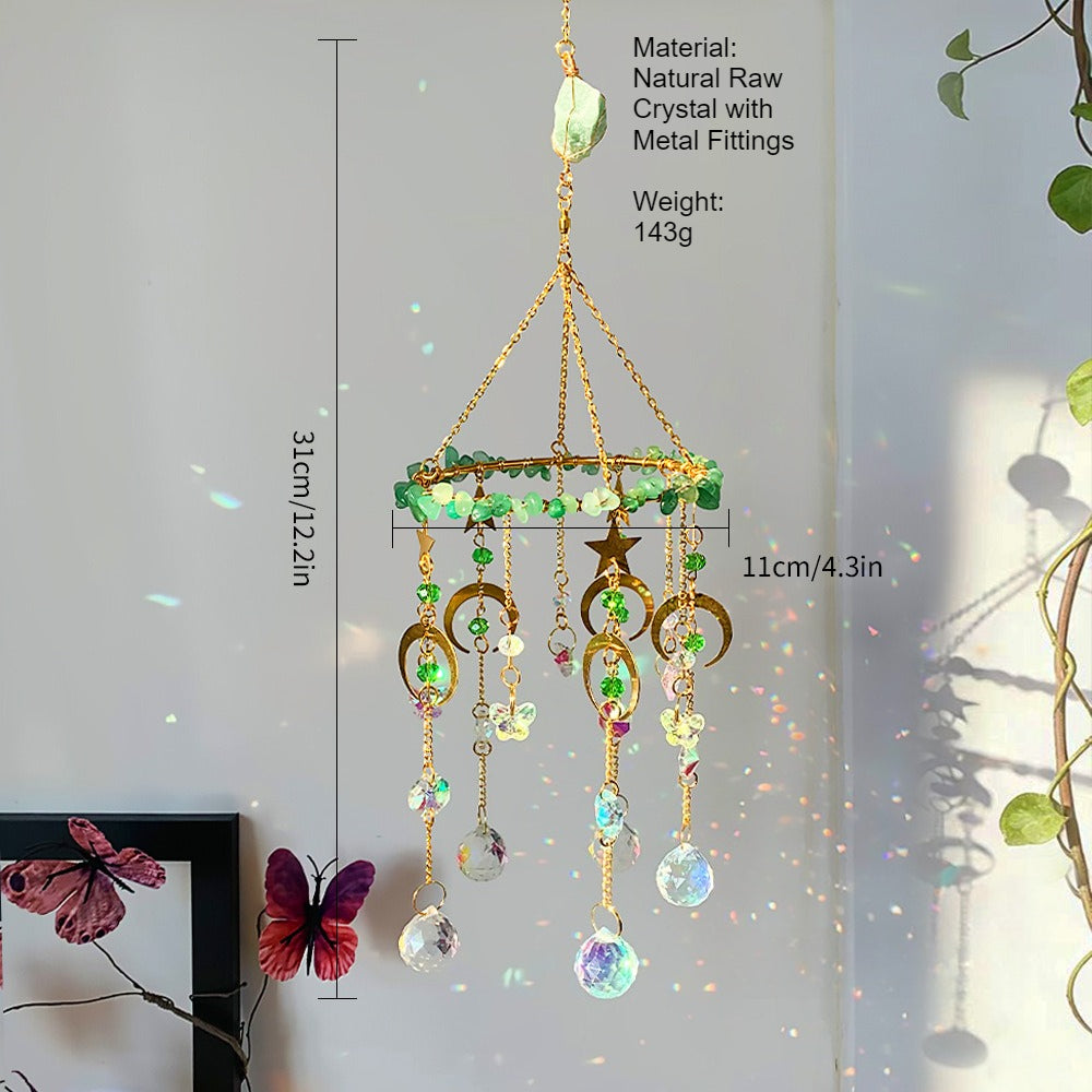 Raw Crystal Rotating Wind Chime Star Moon Sun Catcher N6F292