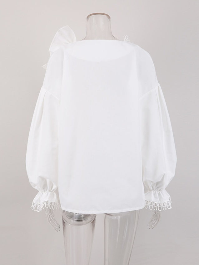 V Neck Ruffle Lace Trim Blouse Women N6C134
