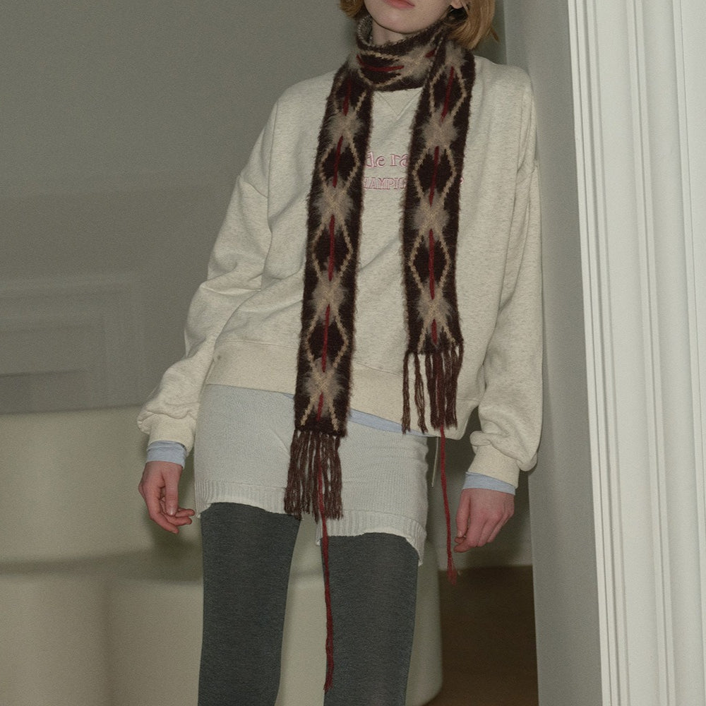 Hand-Threaded Diamond Knit Skinny Scarf Brushed Coffee N6H225