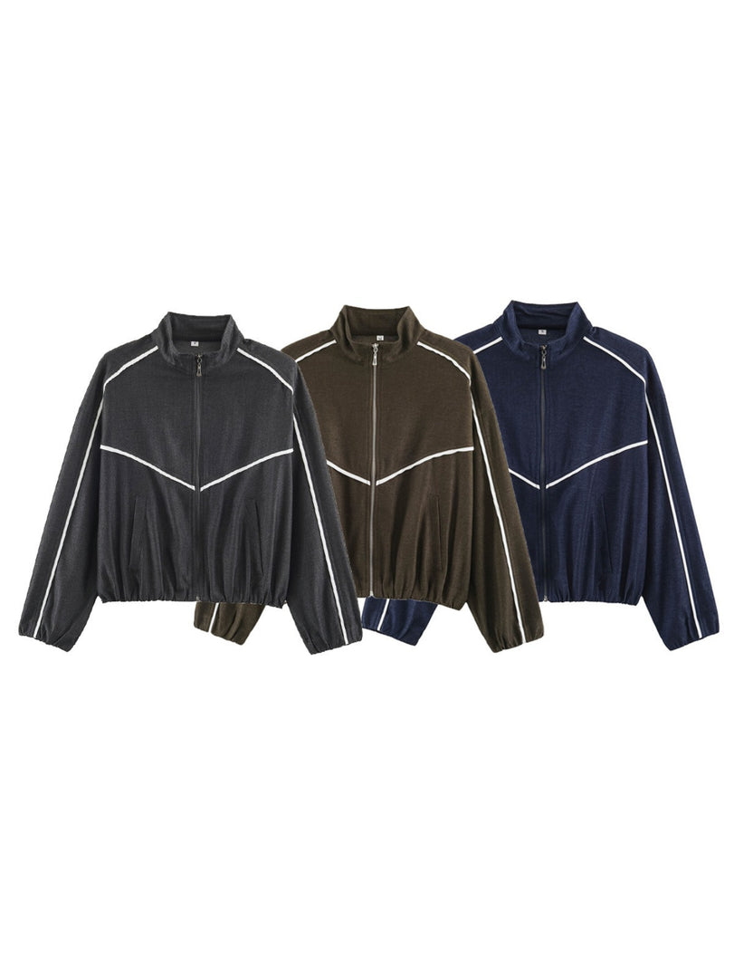 Colorblock Trim Stand Collar Jacket & Pants Set Women N6H129