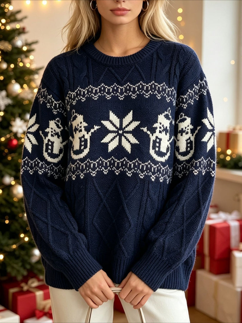 Jacquard Cable Knit Round Neck Loose Pullover Sweater N6H281