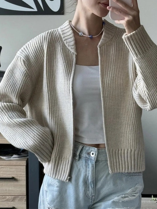 Simple Double Zip Round Neck Knit Cardigan Women N6G259