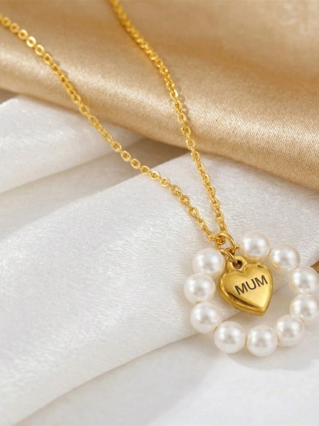 Pearl Heart Ring MUM Pendant Necklace Women N6D526