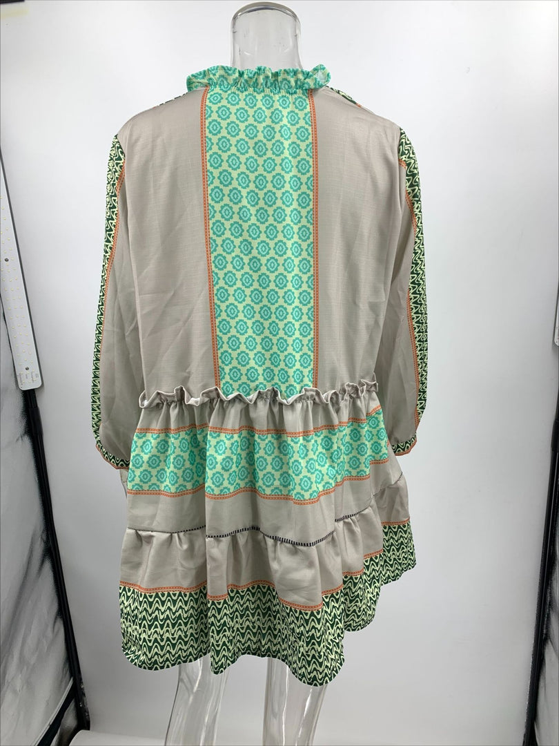 Printed Linen Blend Flounce Sleeve Short Dress Women N6D056