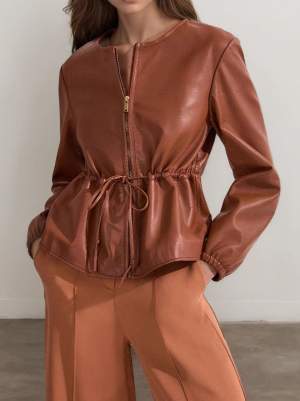 PU Drawstring Crop Coat Pleated Mid Weight Brown N5Z572