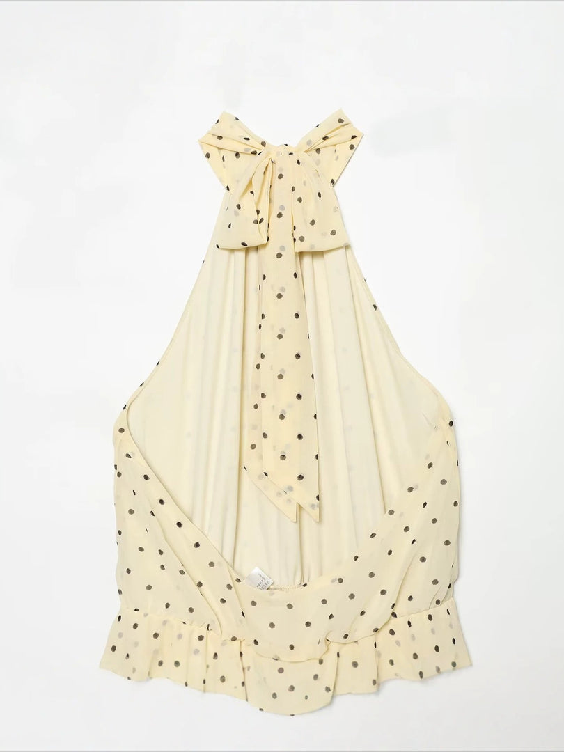 Yellow Polka Dot Chiffon Halter Dress Backless N6F198