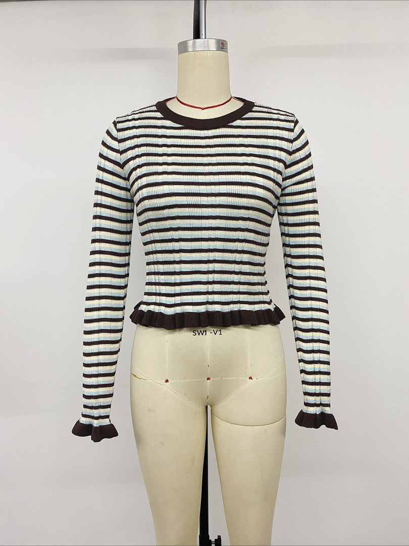 Striped Round Neck Cropped Flare Sleeve Sweater N6H297