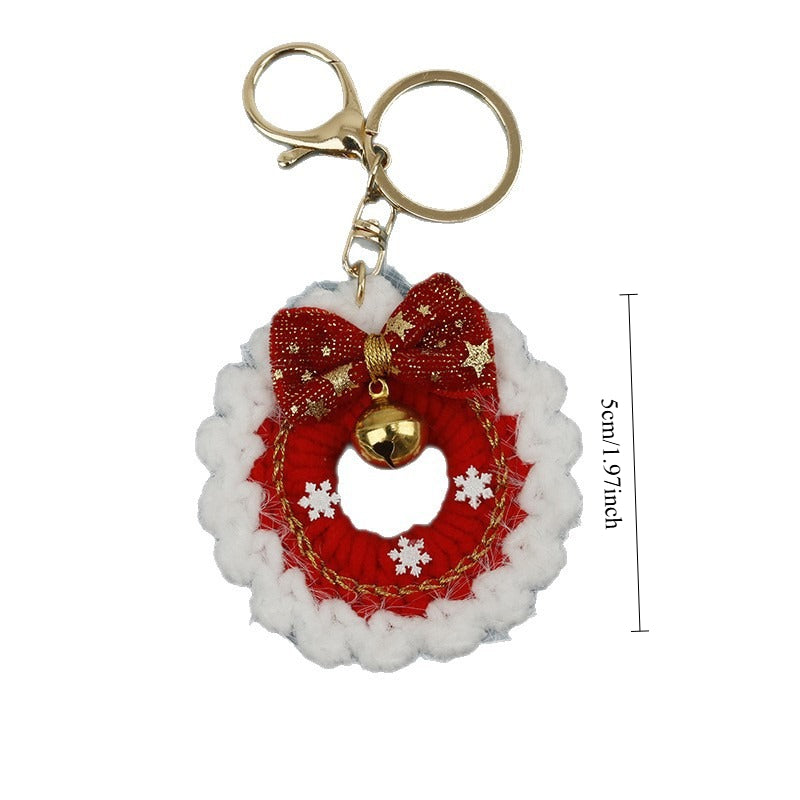 Hand Crocheted Velvet Christmas Wreath Bell Keychain N6K297