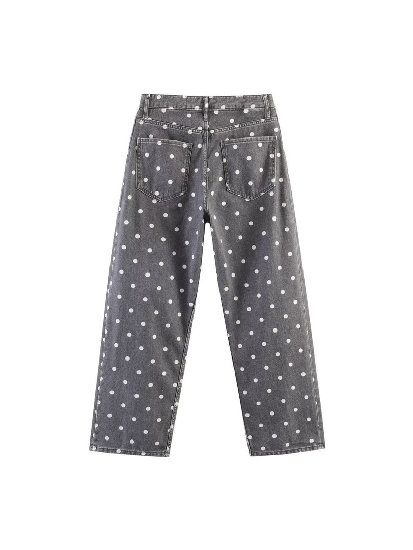 Gray Polka Dot Mid-Rise Loose Ankle Jeans N6F252