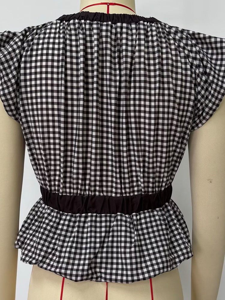Gingham Balloon Sleeve Bow Tie Blouse Women N6C276