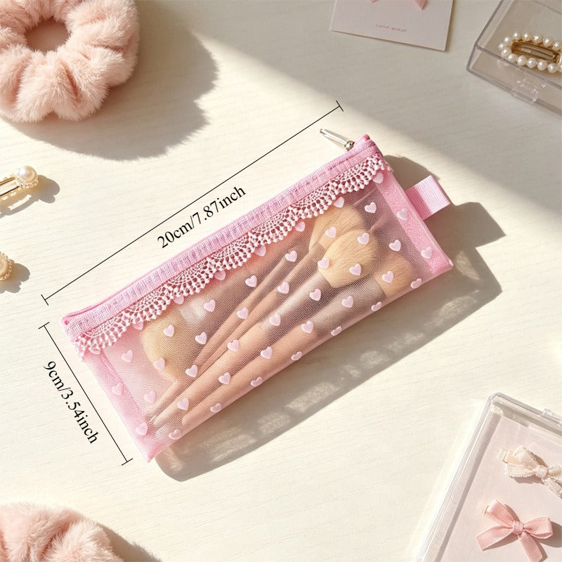 Heart Flocked Nylon Mesh Makeup Brush Pouch N6J261