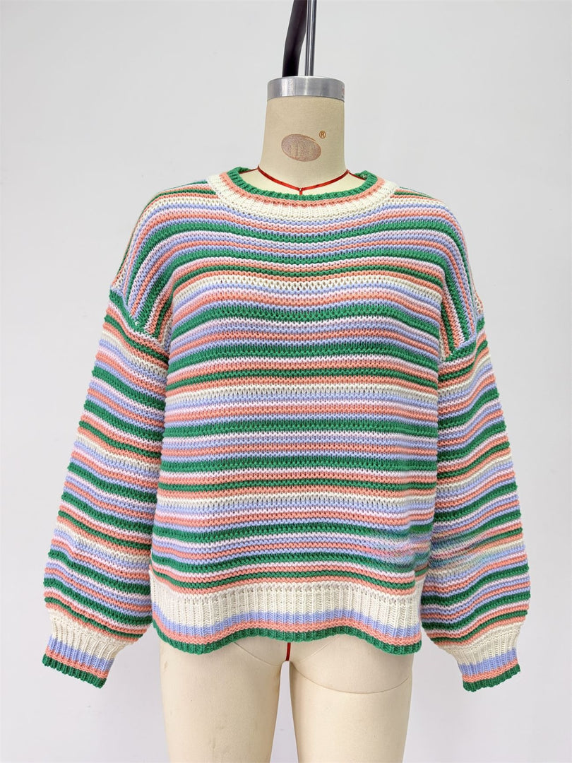 Striped Round Neck Oversized Knit Pullover Women N6G184