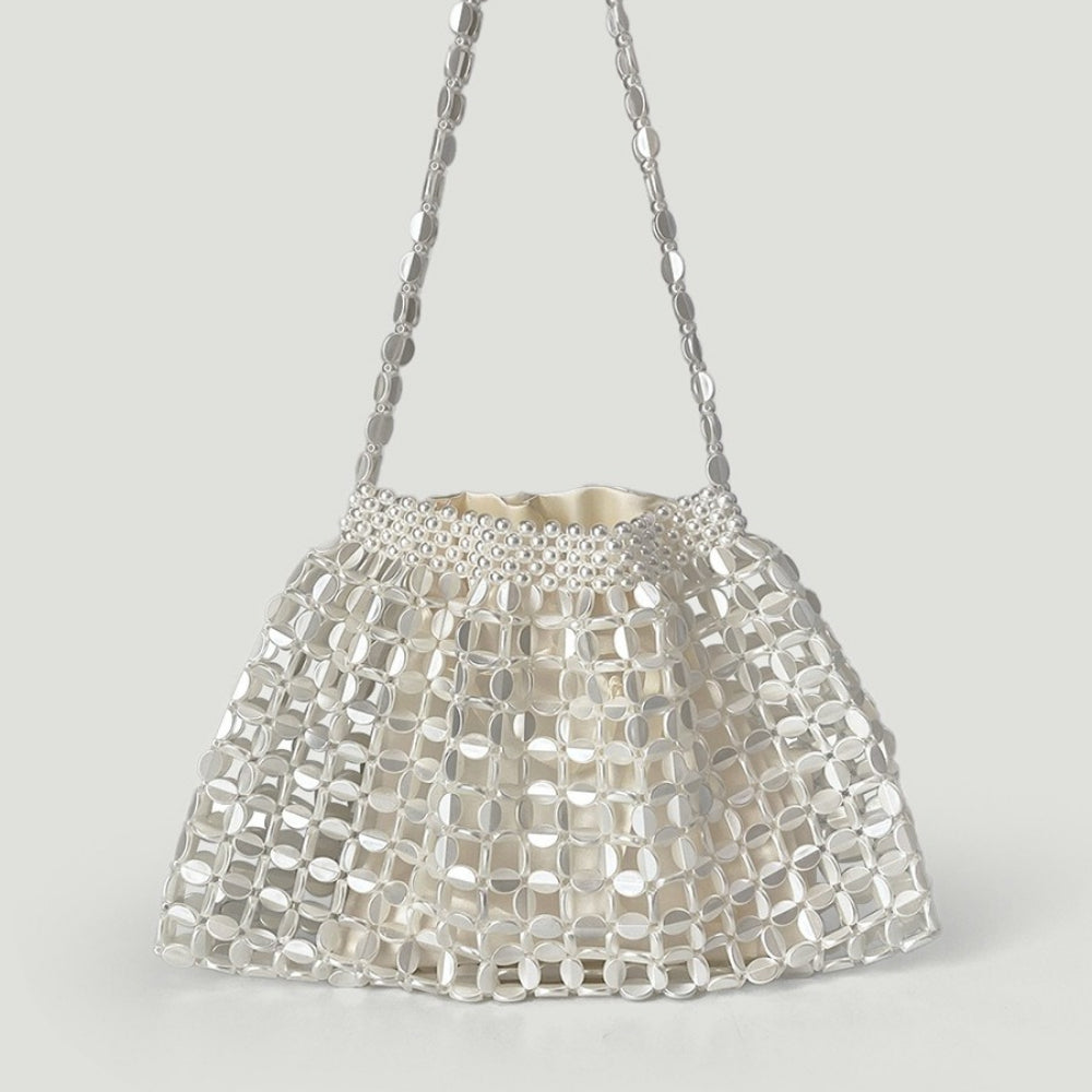 Handwoven Silver Gold Bead Large Hobo Shoulder Bag N6E021