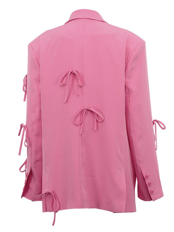 Bow Detail Pink Loose Blazer Women N6C193