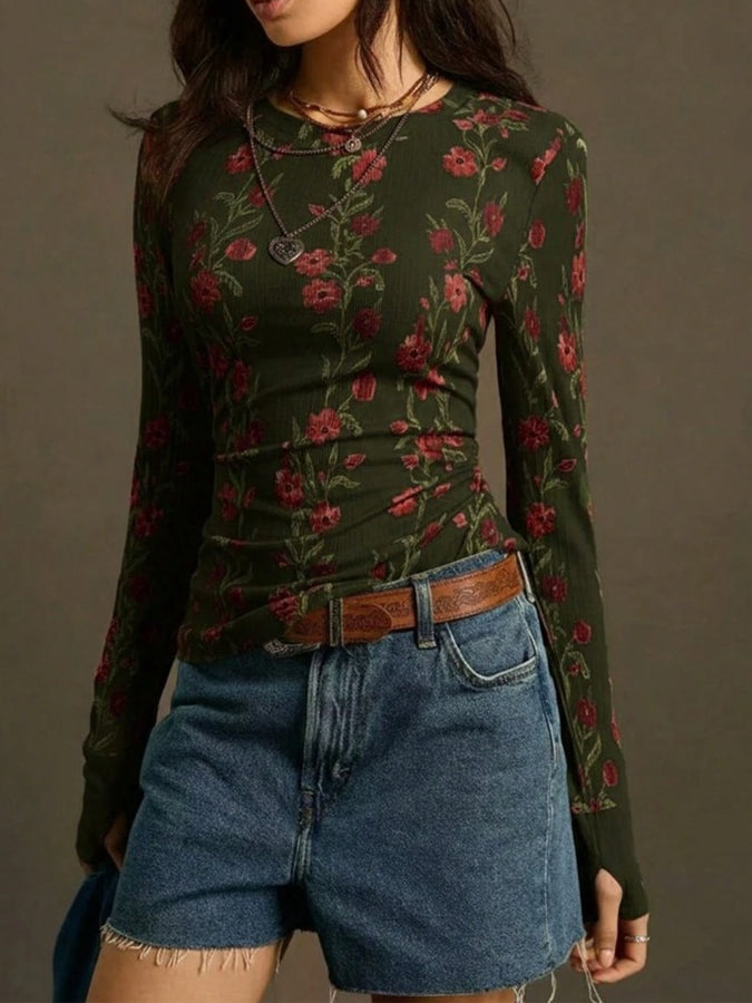 Retro Floral Print Knit T-shirt Women N6C324