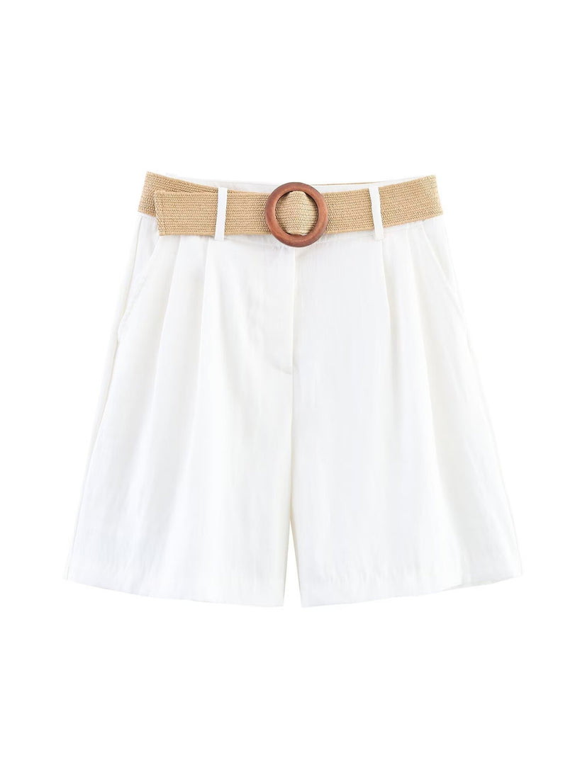 Belted Straight Leg Casual Shorts Women N6F014