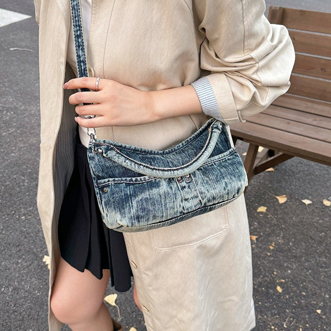 Women's Washed Gradient Denim Dumpling Shoulder Bag N6J202