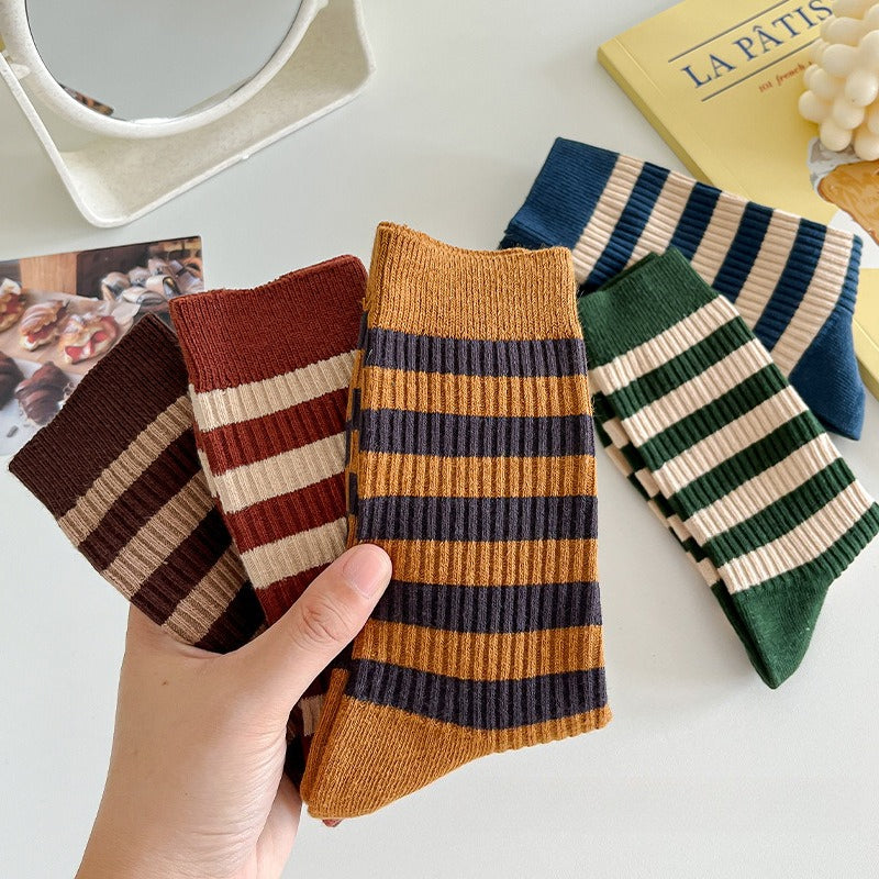 Color Block Striped Crew Socks Women One Size  N6H001