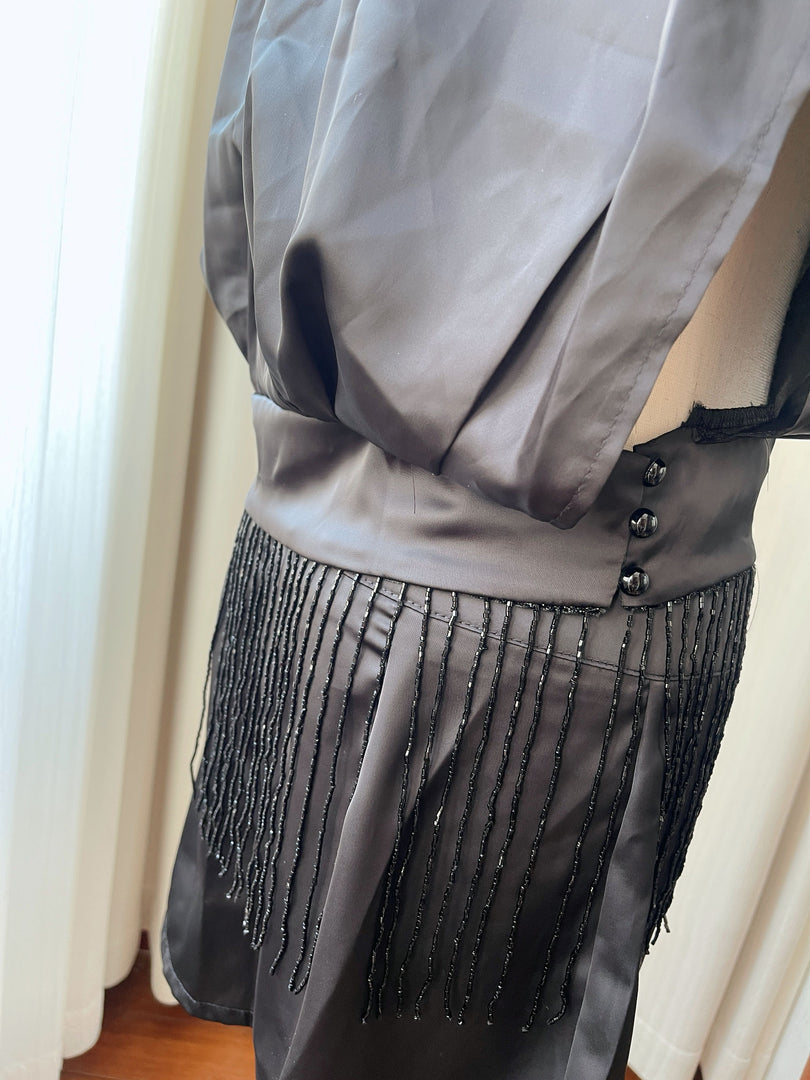 Black Stand Collar Sleeveless Fringe Shorts Set N6F257