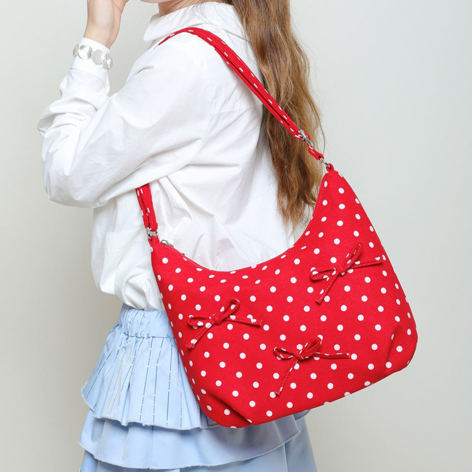 Polka Dot Tote Bucket Bag Canvas Bow Shoulder Bag N6F046