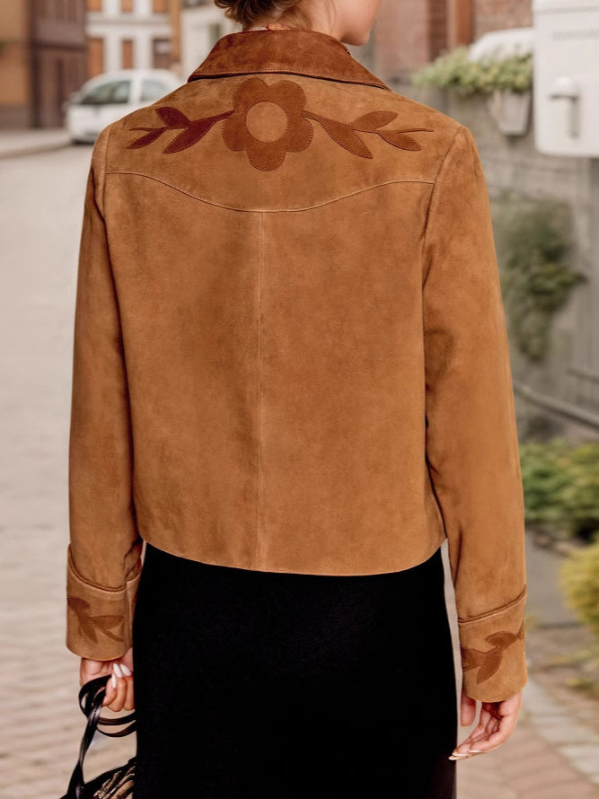 Suede Flower Notch Crop Coat Mid Weight Tan N5Z587