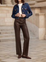 Load image into Gallery viewer, Leather Trim Denim Like Coat Button Accent Navy N5Z562