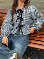Load image into Gallery viewer, Gingham Bow Tie Open Front Blouse Women N6D133