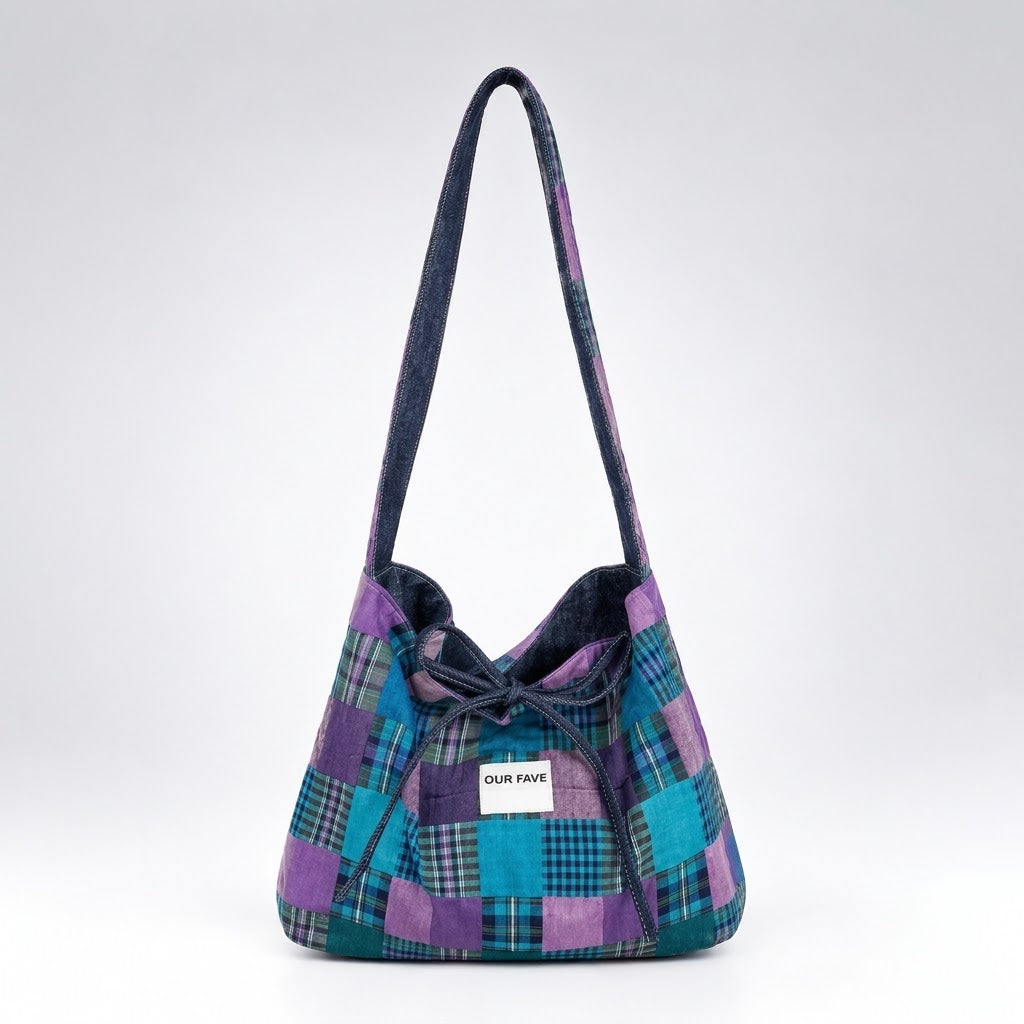 Women's Plaid Denim Tie-Closure Tote Bag N6J203