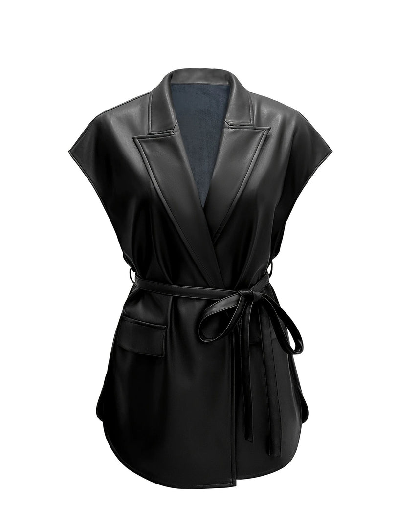Sleeveless PU Vest Notch Lapel Belted Women N6G173