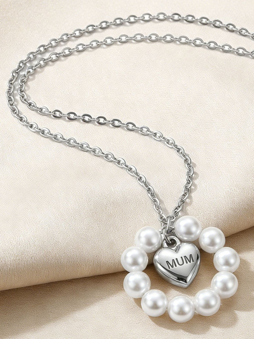 Pearl Heart Ring MUM Pendant Necklace Women N6D526