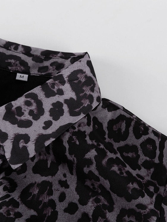 Leopard Print Chiffon Dress with Lapel and Puff Sleeve N6C192