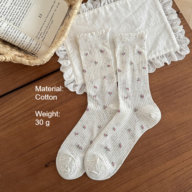 Sweet Floral Lace Trim Mid-Calf Socks Women Cotton N6H027
