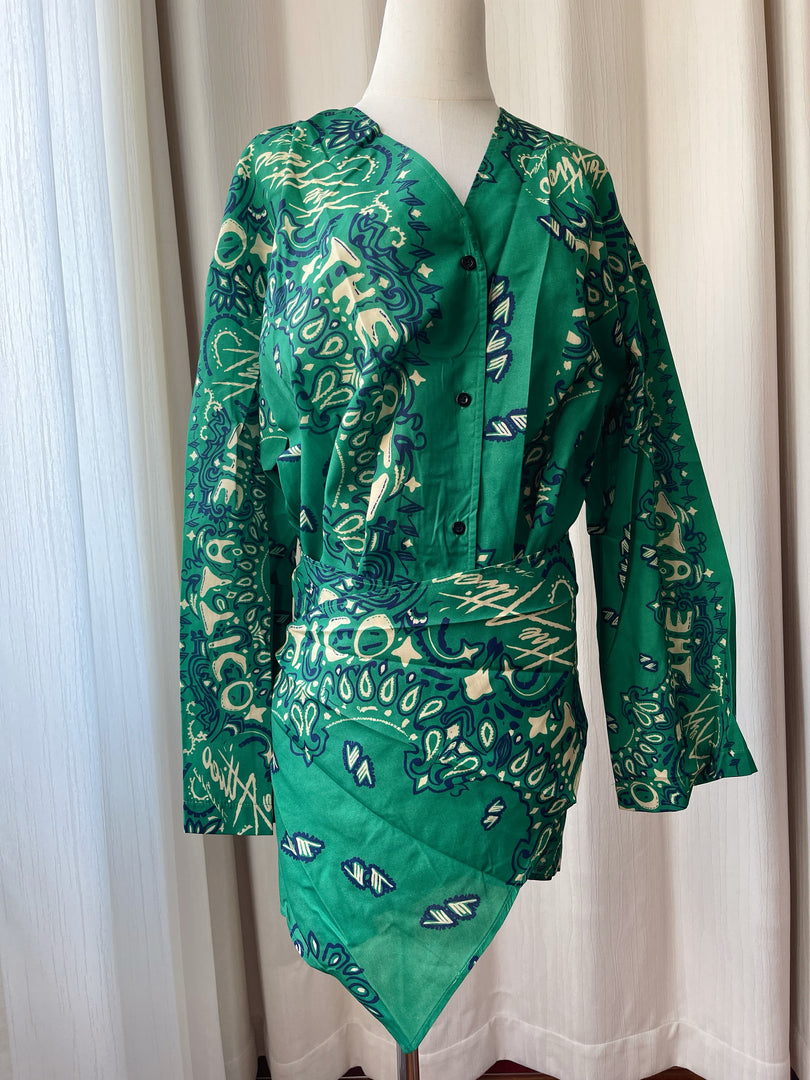 Green Paisley V-Neck Bell Sleeve Dress N6F258