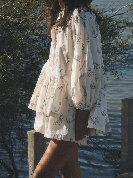 French Puff Sleeve Crop Top and Shorts Set Women N6C189