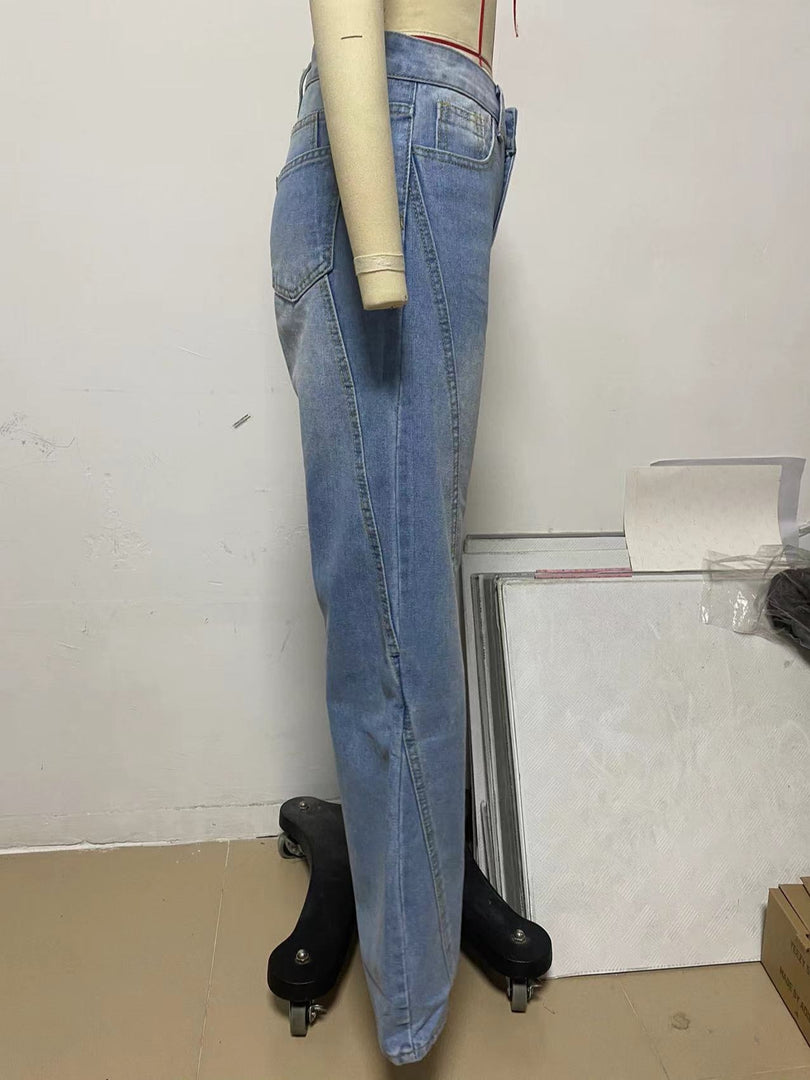 Patchwork Wide Leg Flare Jeans Women Blue N6D155